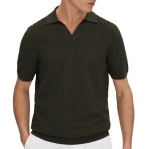 REISS Mickey olive Green Chevron Short Sleeve Open Collar Polo Shirt size Large